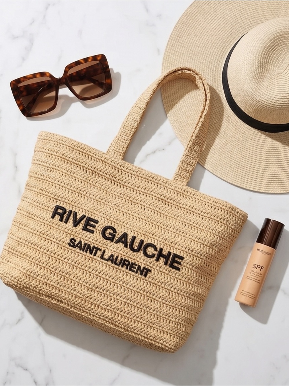 BNWT Saint Laurent Straw Rive Gauche Tote in Natural Beige with Black Logo - Picture 3 of 6